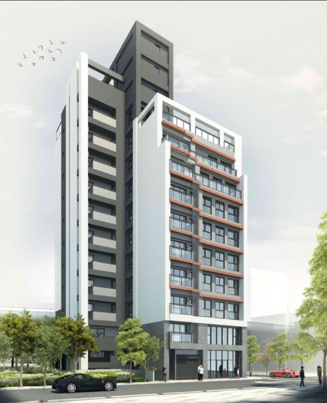 現代化的多層建築，外牆為白色和灰色，設有陽台和樹木。