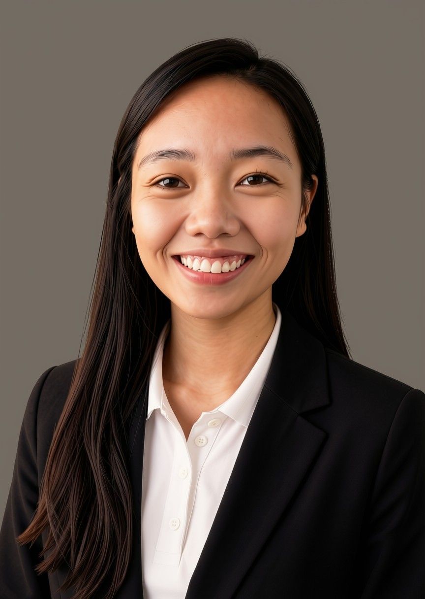 Smiling woman in a white striped blouse against a plain light background