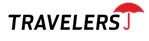 Travelers logo with black text and red umbrella icon on a white background