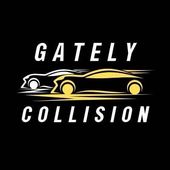 Gately Collision logo with stylized black, white, and gold sports cars on a black background