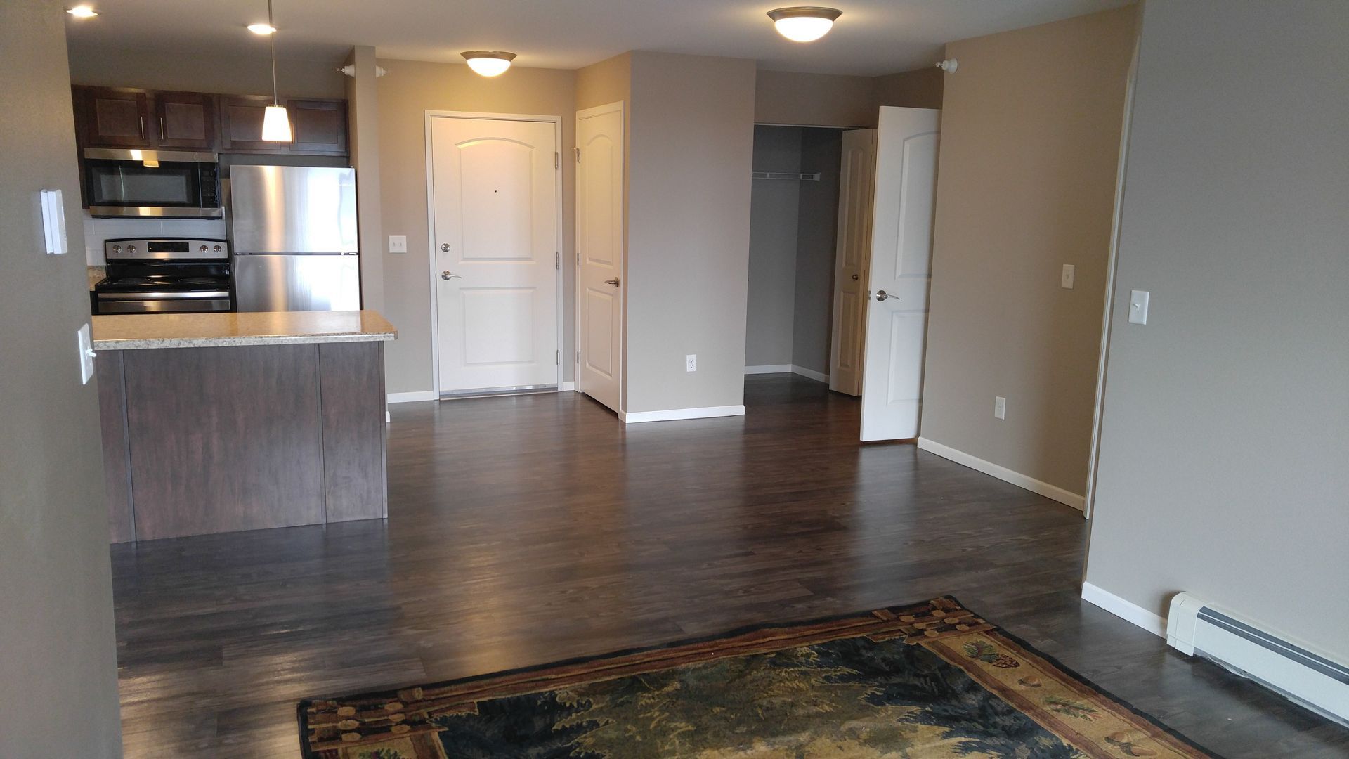 Open-concept apartment interior with dark wood floors, kitchen, and entryways.