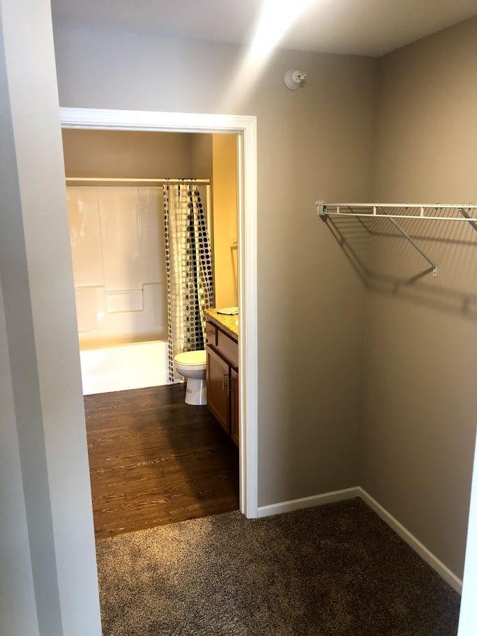 Bathroom doorway with view of tub/shower, toilet, and vanity, next to a closet with wire shelving.