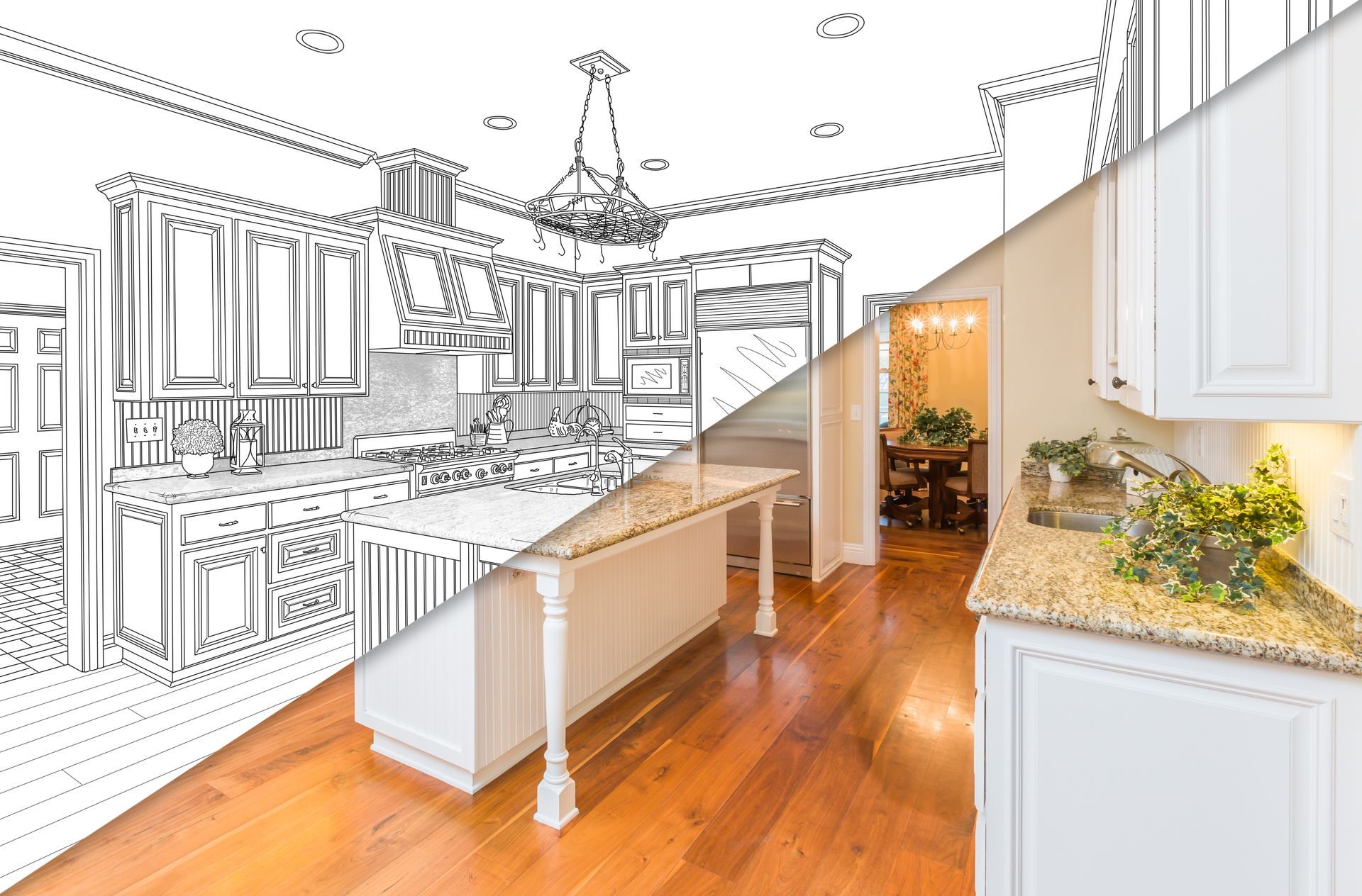 Kitchen renovation concept: sketch view blending with a completed remodel. White cabinets, island, granite counters, wood floors.