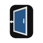 Blue door ajar in a black, rounded rectangle; white door frame and handle.