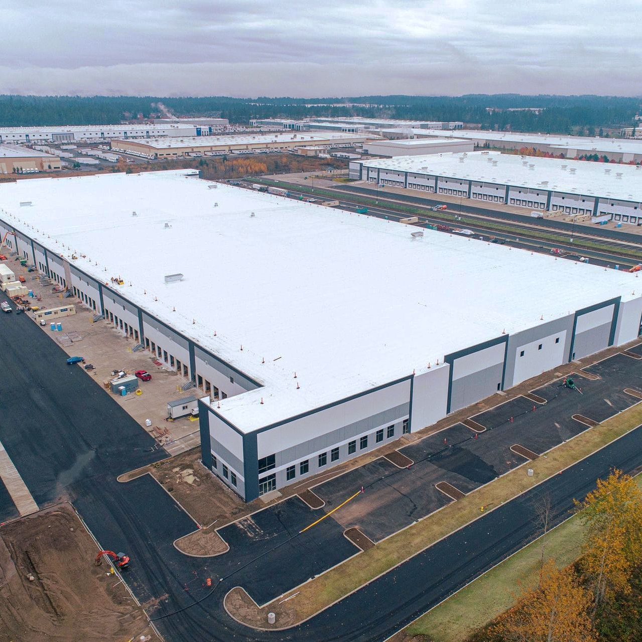 ariel view of a roof of a commercial warehouse
