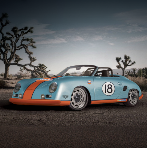 A blue and orange sports car with the number 18 on the side