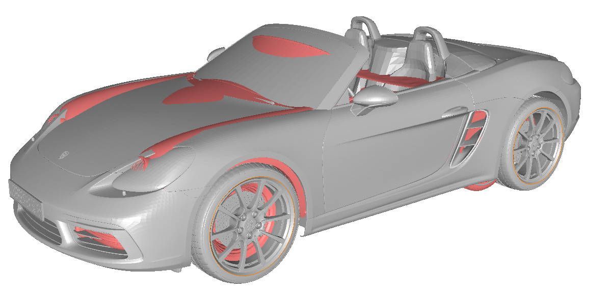 A 3d model of a gray sports car with red wheels on a white background.