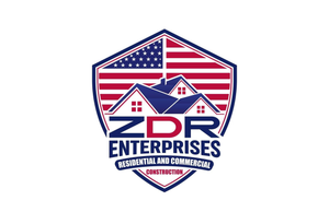 ZDA Enterprises logo with U.S. flag, roofline houses, and red, white, and blue shield emblem
