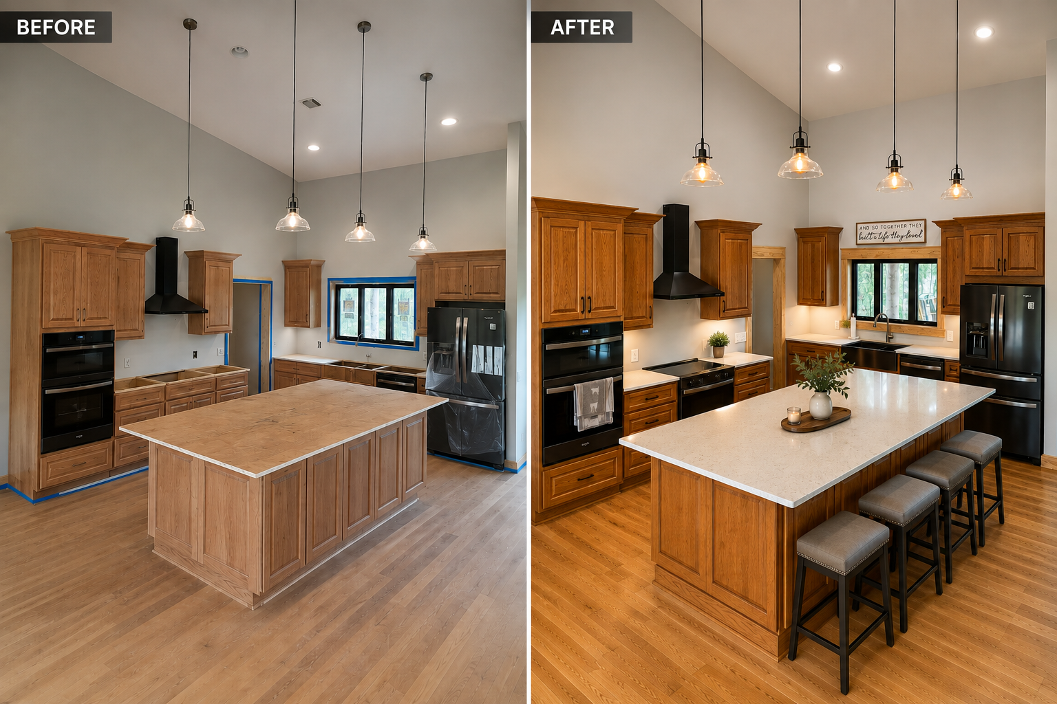 Before-and-after kitchen remodel with wood cabinets, pendant lights, and a central island.