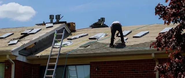 Person working on a roof with visible shingles, ladder, chimneys, and blue sky. Brick building.
