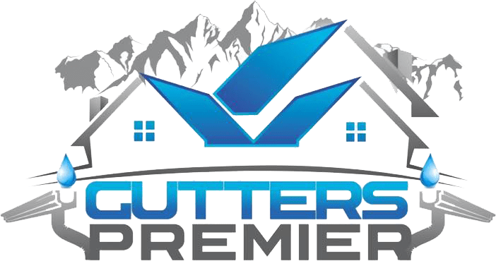 Logo for Gutters Premier with blue rooflines, gray mountains, and house outline