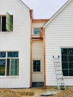 Two white houses with a narrow side gap and a ladder leaning against the right wall