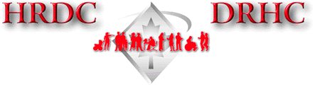 HRDC and DRHC logos with a red city skyline and gray diamond shape in the center