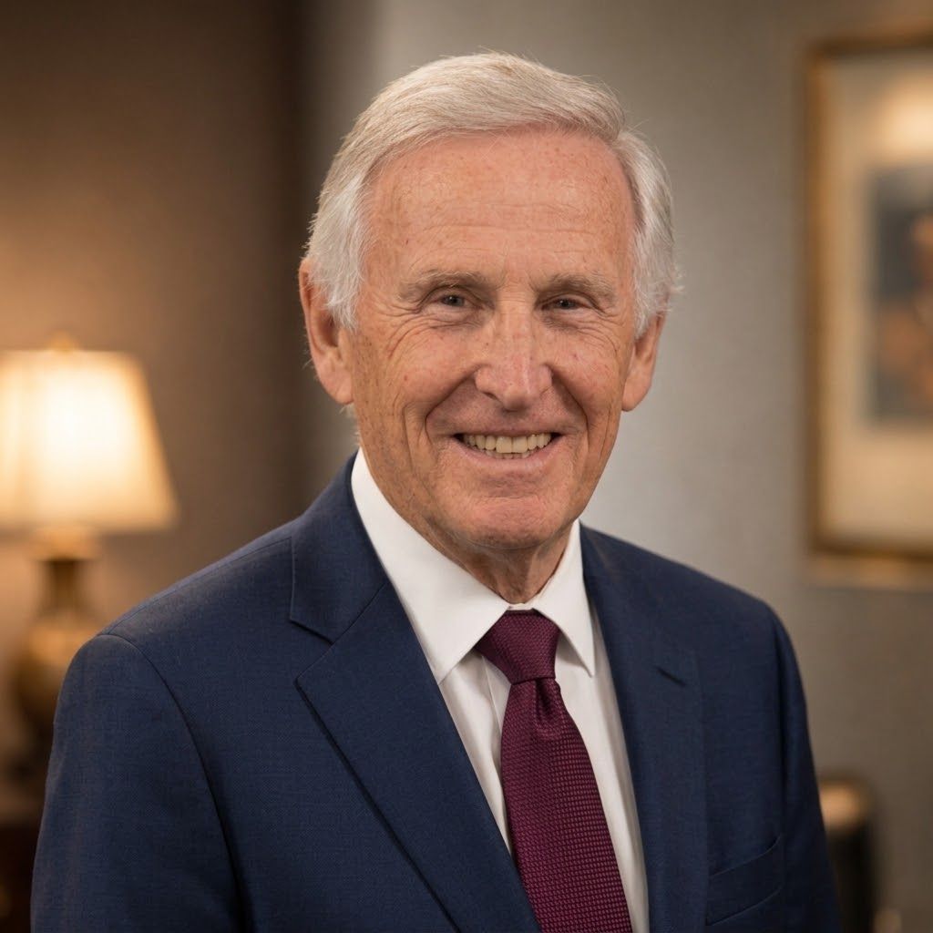 Smiling man in a navy suit and burgundy tie in a softly lit office setting