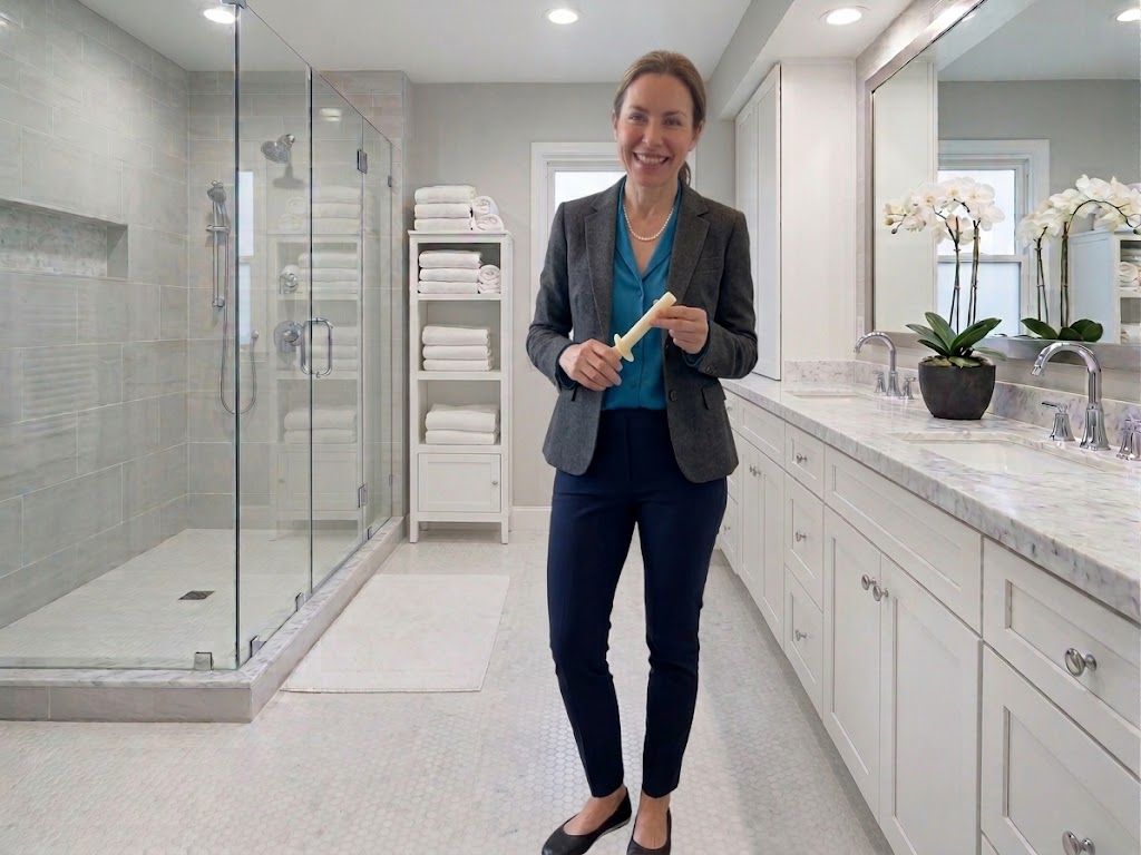 Woman standing in a bright bathroom holding a toothbrush, beside a glass shower and vanity.