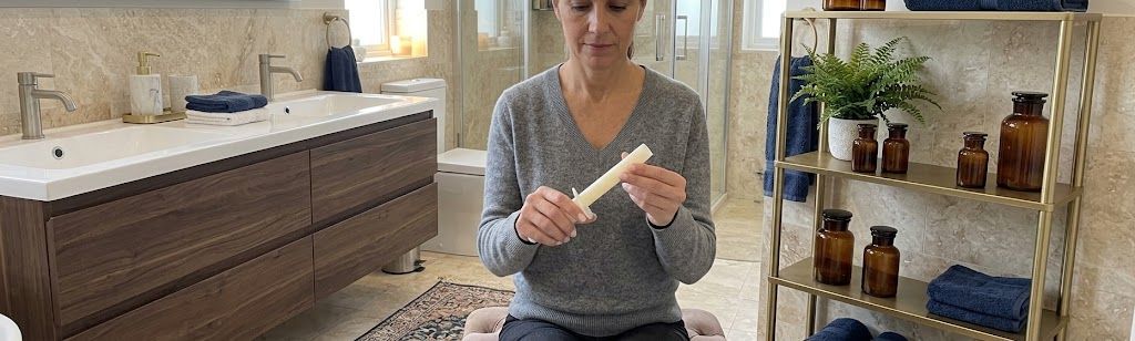 Woman holding a cosmetic tube in a bright bathroom with vanity and shelving
