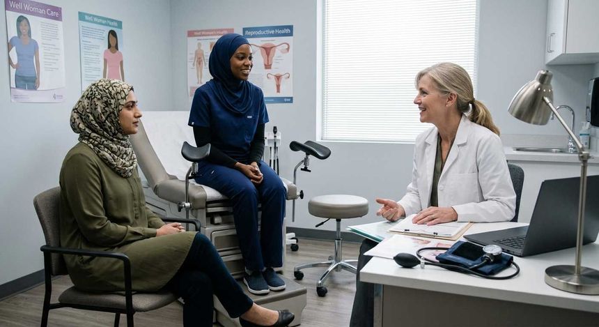 Doctor consulting with two patients in a clinic exam room, with a laptop and medical posters nearby.