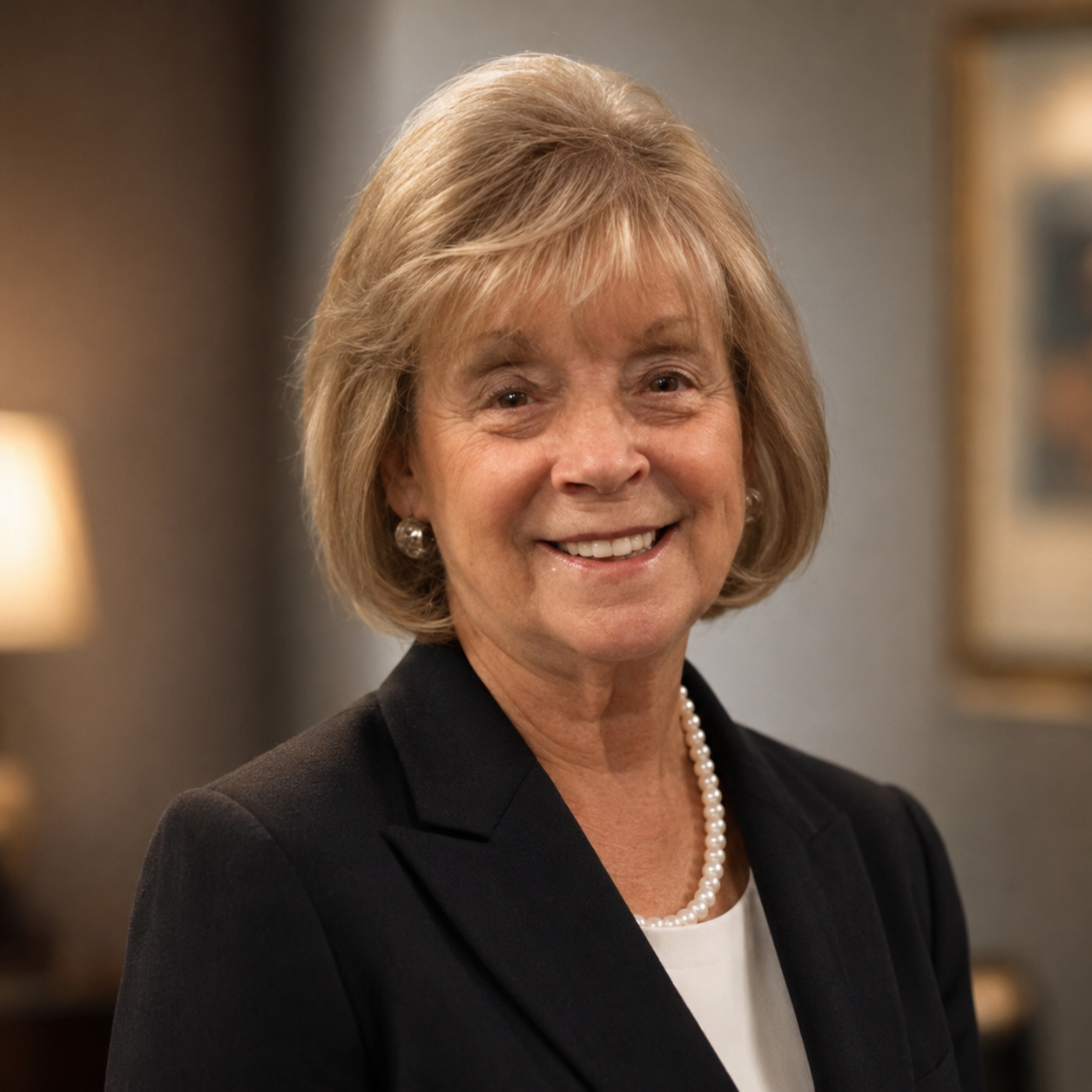 Portrait of a smiling woman in a black blazer and pearl necklace indoors
