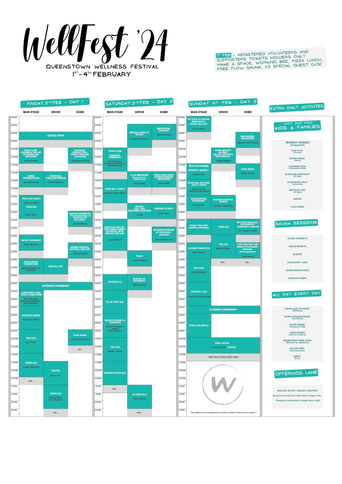 A teal and white Wellfest '24 schedule with event times and descriptions.