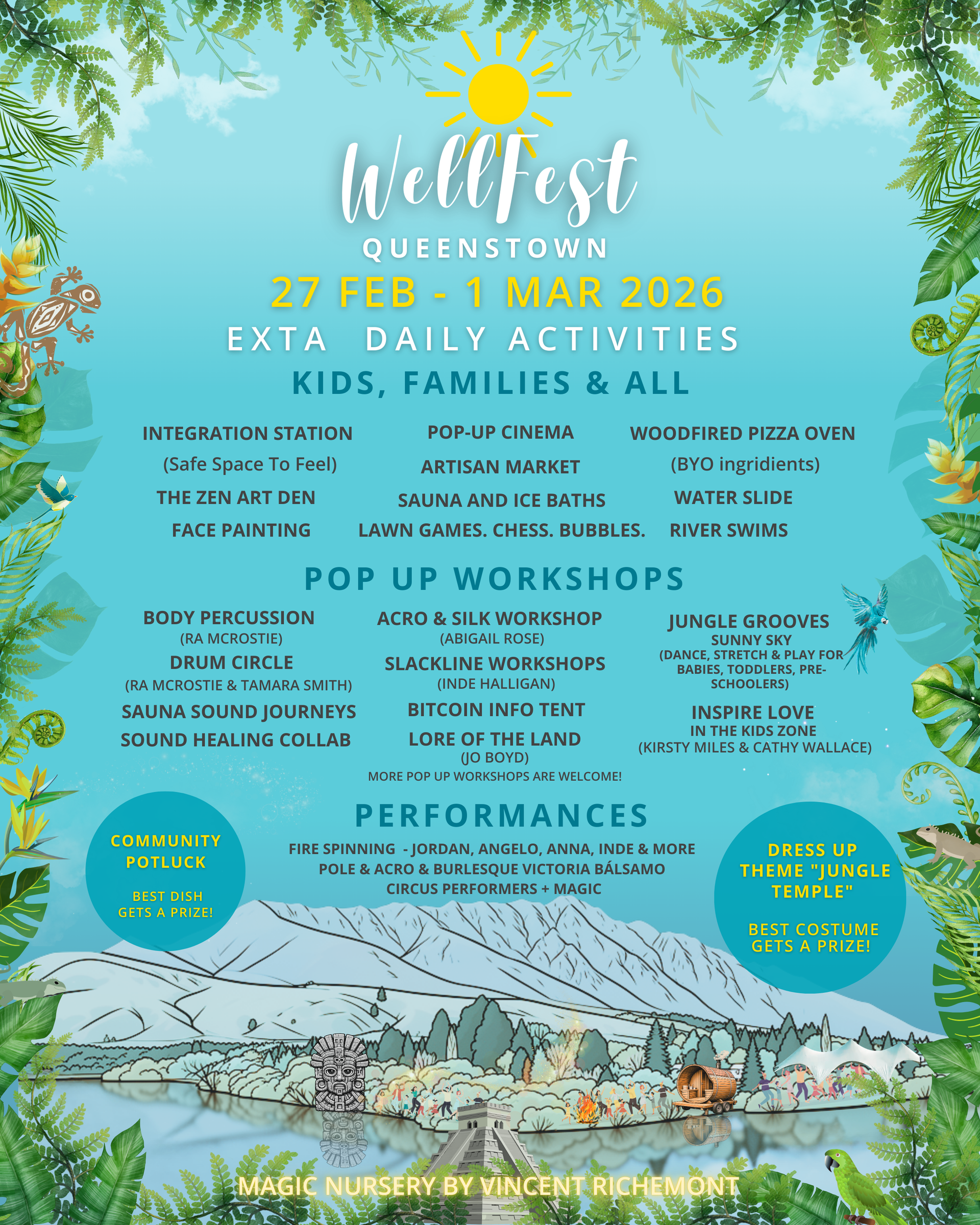WellFest Queenstown poster: features daily activities, pop-up workshops, and performances for kids and families.