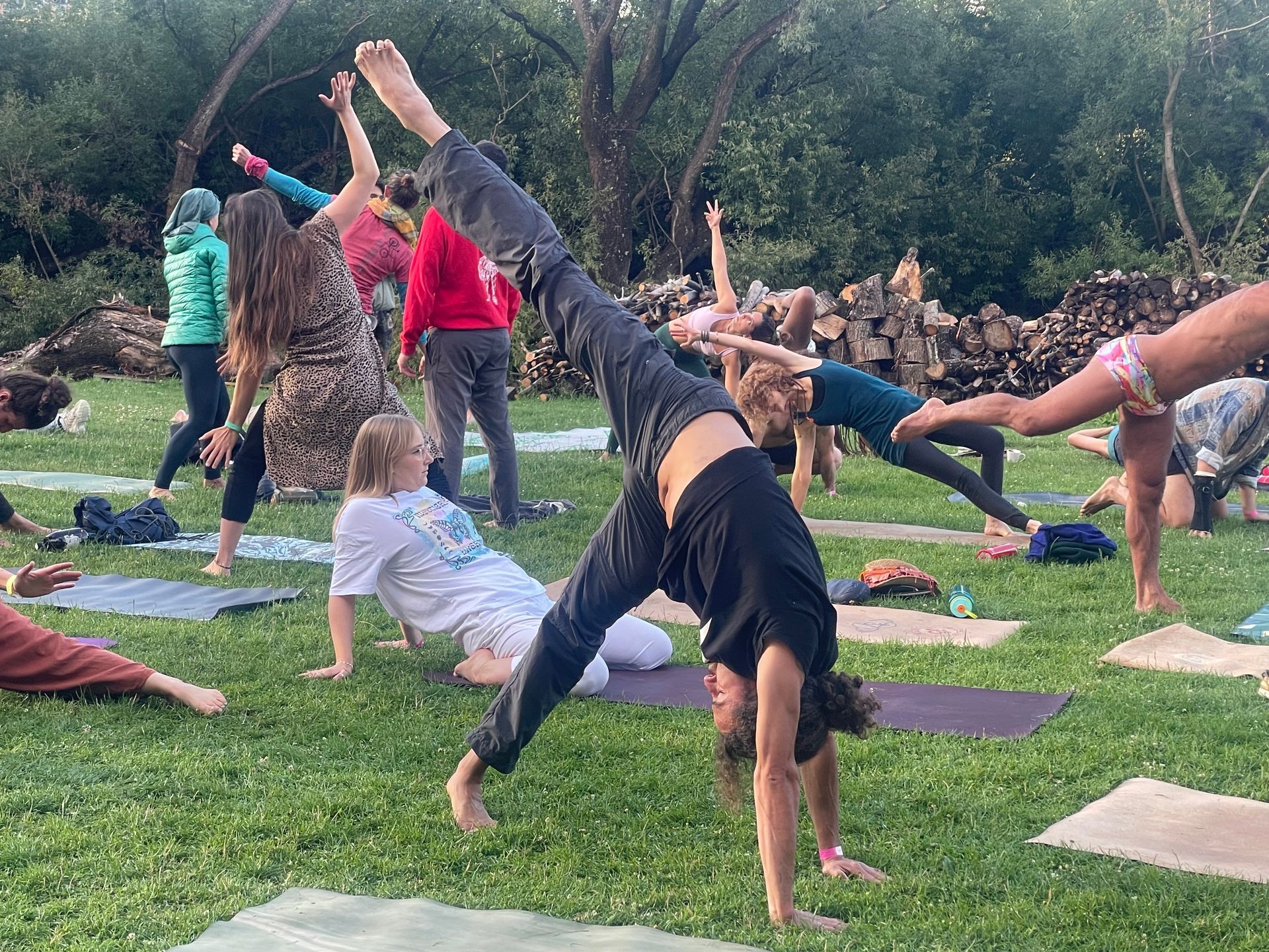 People doing yoga outdoors on a green lawn; one person balances in a handstand split.