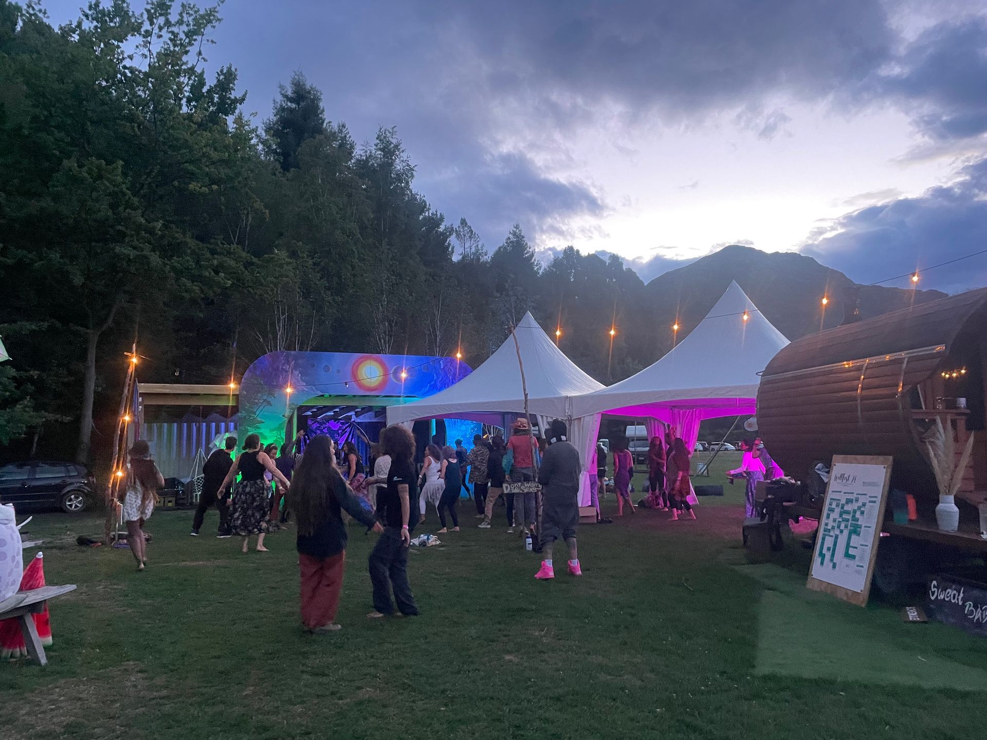 Outdoor event with crowd, tents, stage, trees. People dancing under purple and white lights. Cloudy dusk sky.