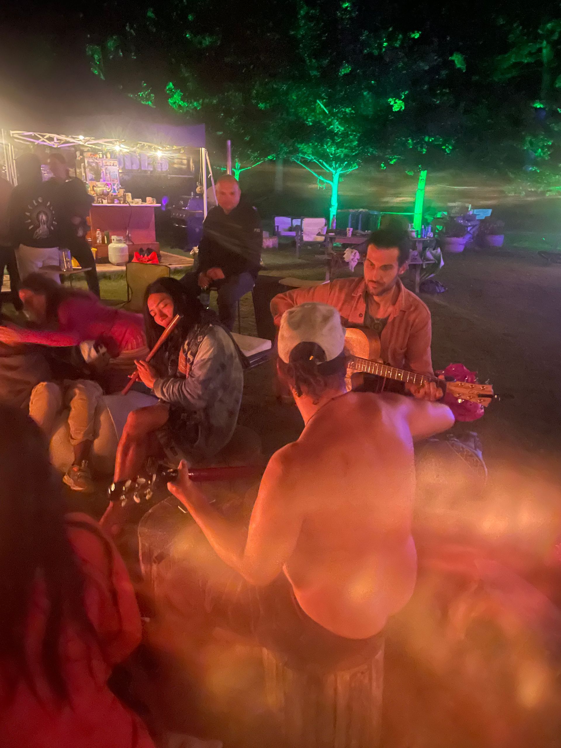 People playing instruments around a campfire at night. Glowing trees and lights illuminate the scene.