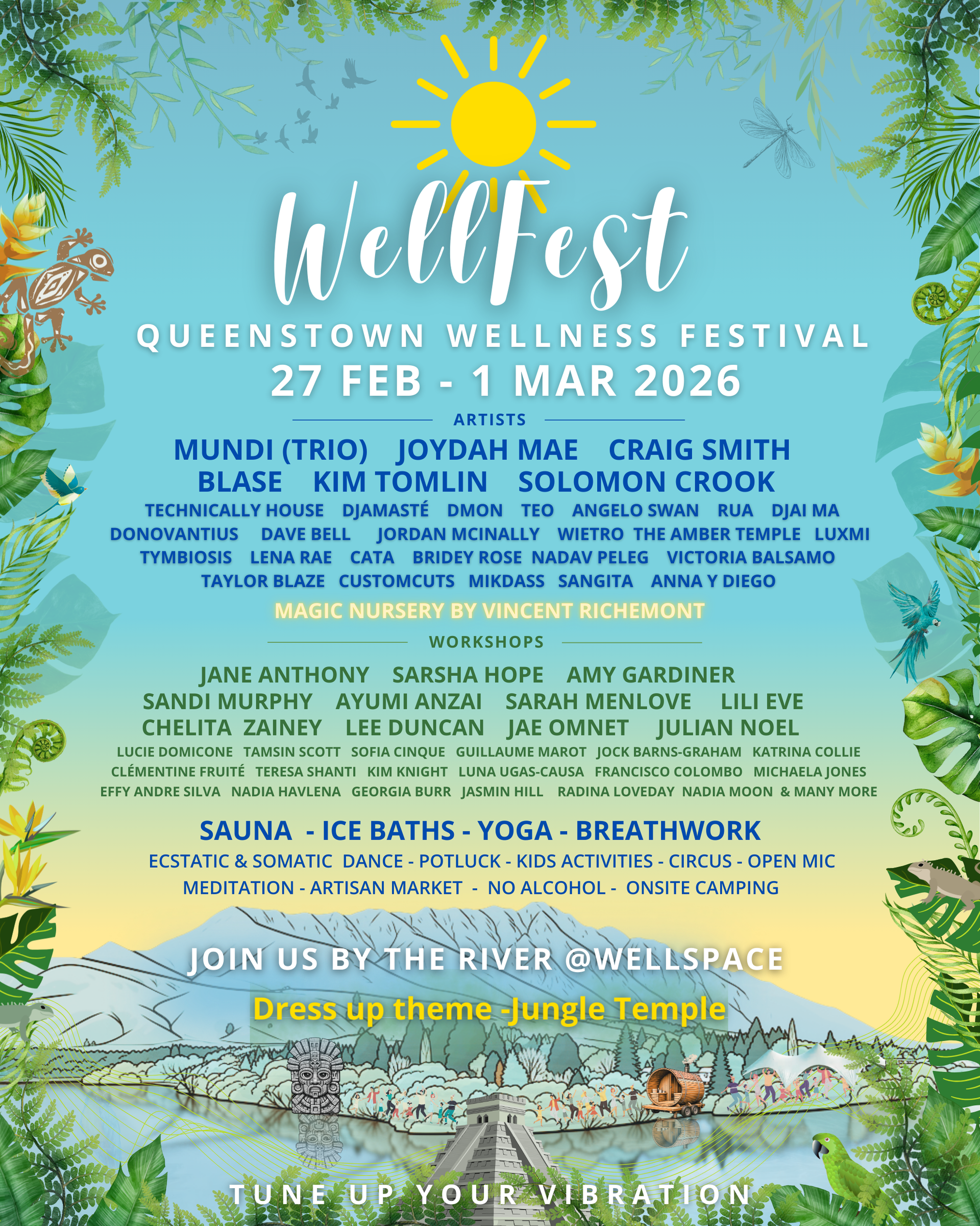 Poster for WellFest, a wellness festival in Queenstown, NZ, with event details and a jungle theme.