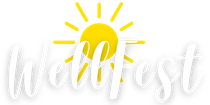 WellFest logo with white script text and a yellow sun on a blue background.