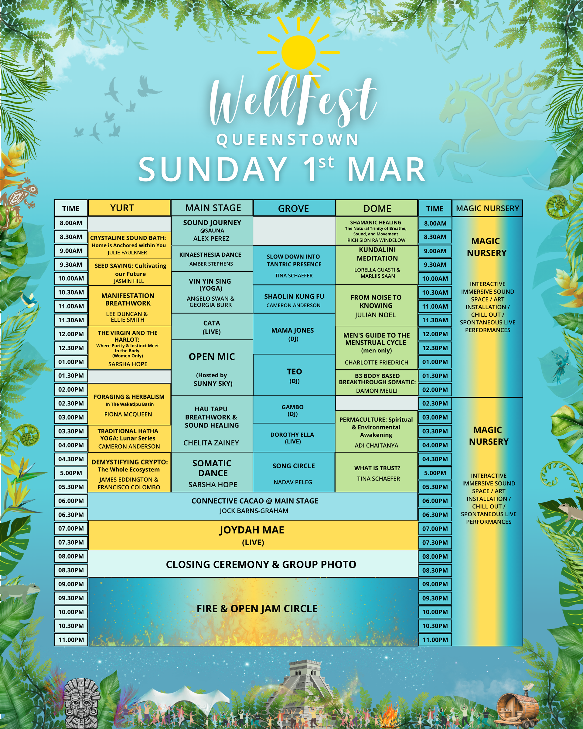 A festival schedule for WellFest Queenstown, Sunday, March 1st, featuring times, activities, and a color-coded grid.