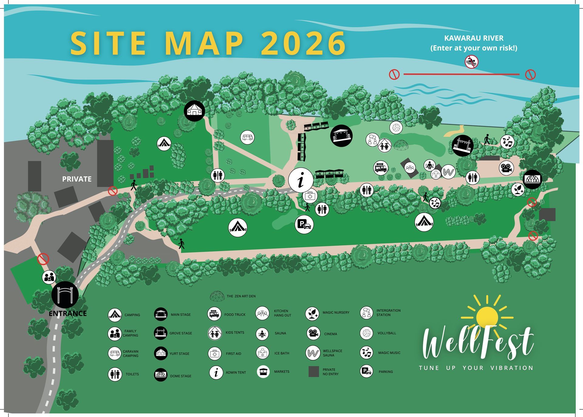 Colorful illustrated site map of a festival grounds with paths, tents, and labeled locations
