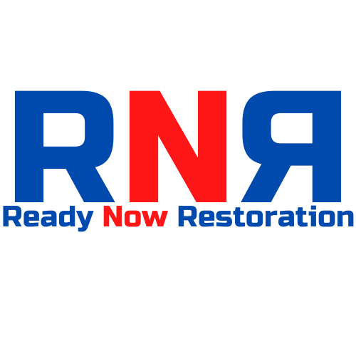 A blue and red logo for rna ready now restoration