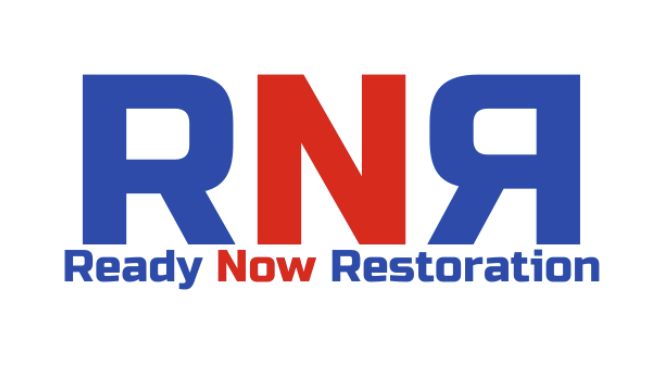A blue and red logo for rna ready now restoration