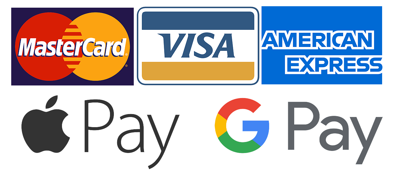 The logos for mastercard , visa , american express and apple pay are shown.