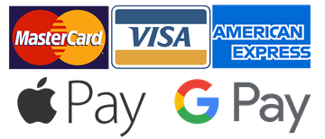 The logos for mastercard , visa , american express and apple pay are shown.