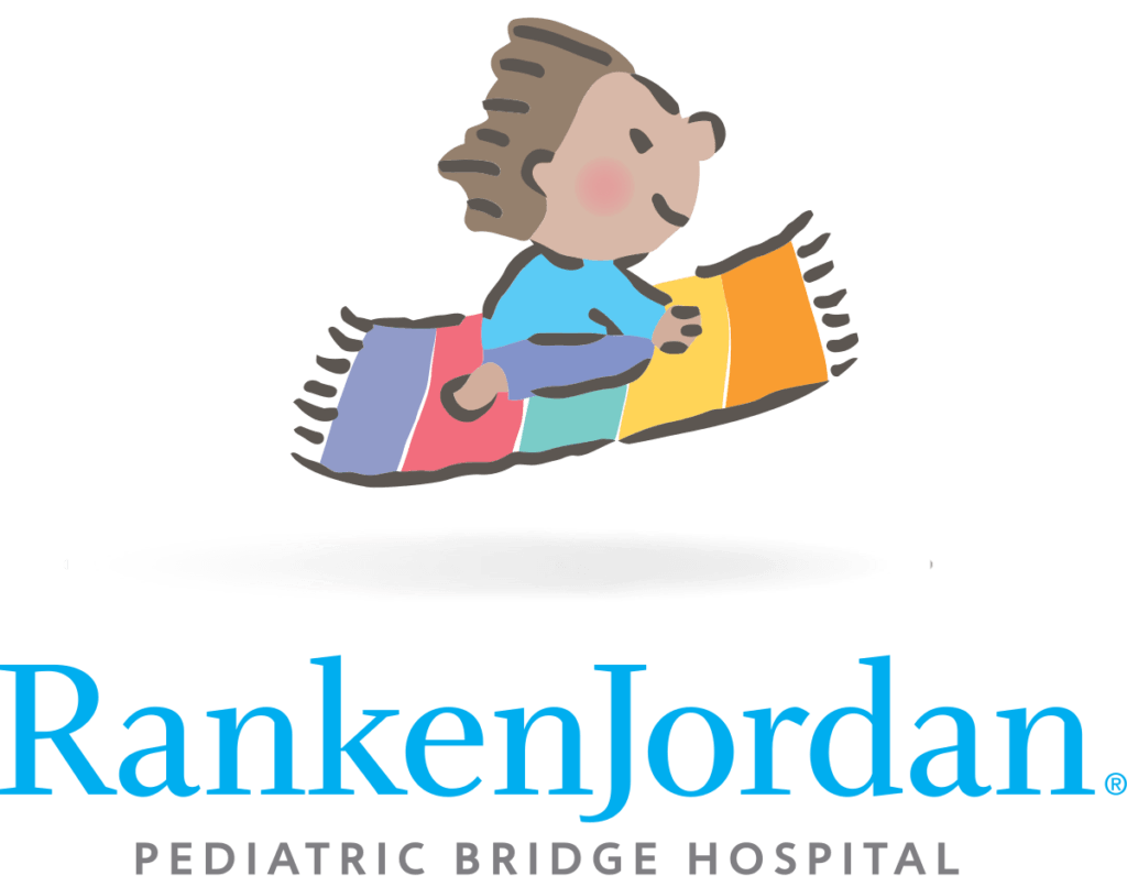 Child flying on a colorful rug; Ranken Jordan Pediatric Bridge Hospital logo.