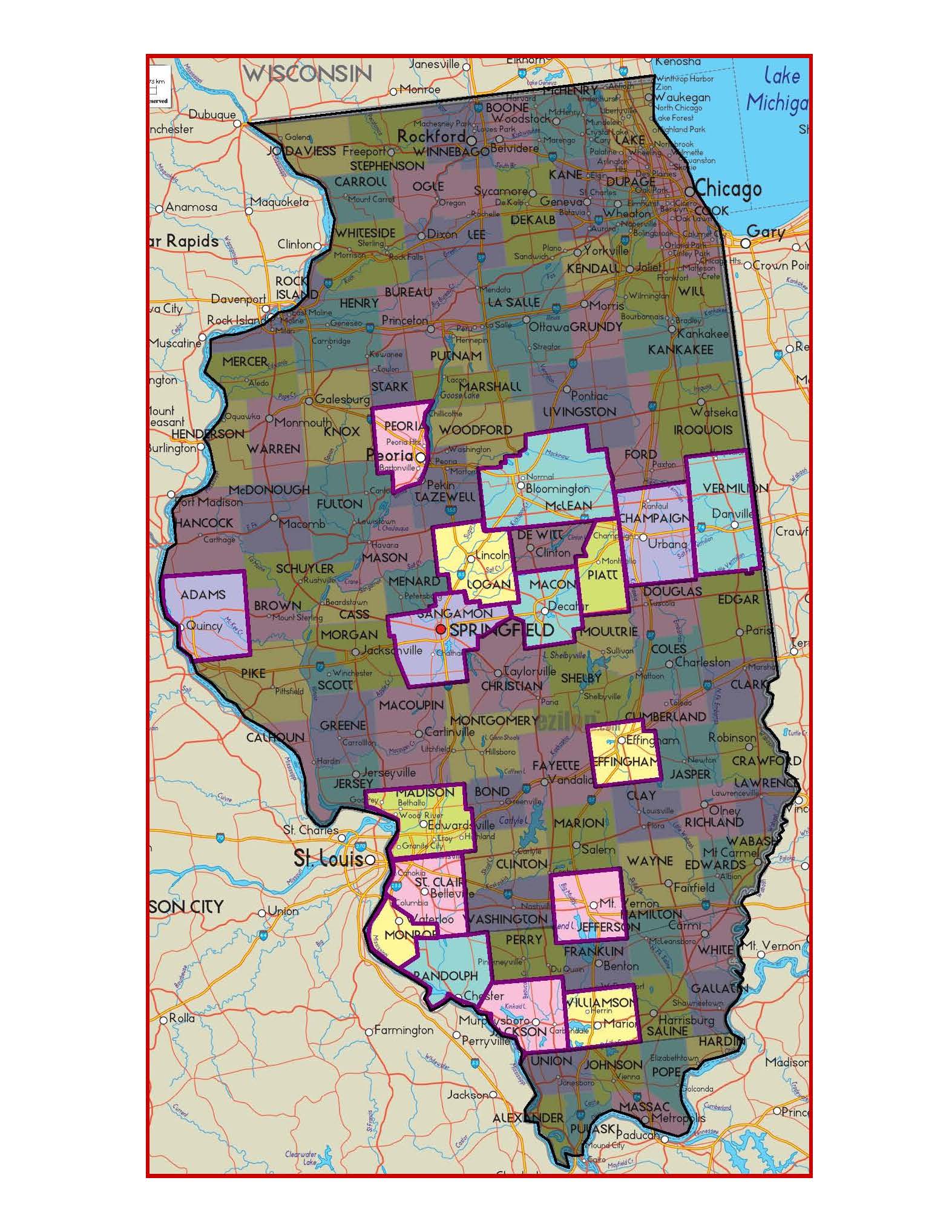 Map of Illinois with counties highlighted in various colors.