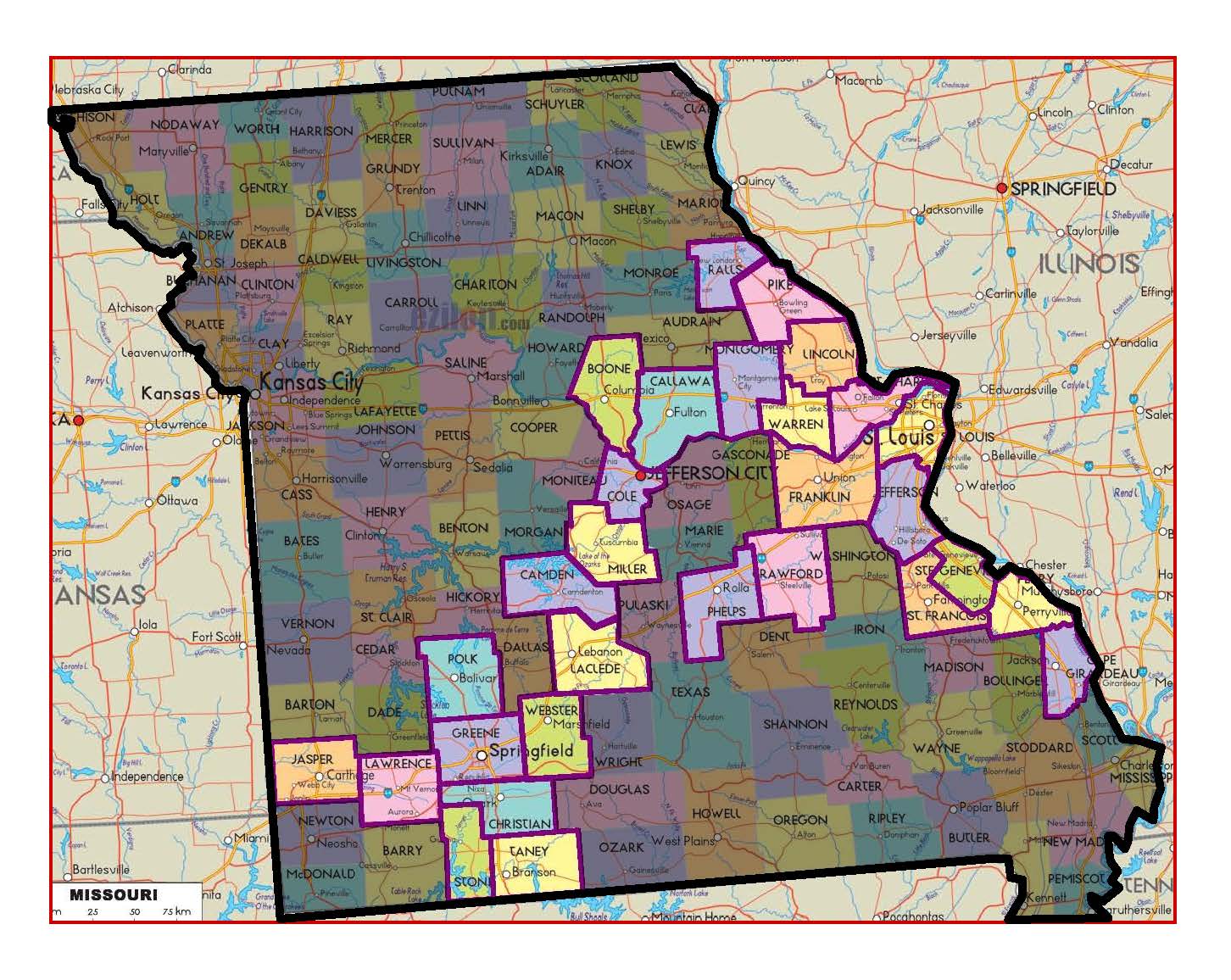 Map of Missouri showing county boundaries, with some counties highlighted in various colors.