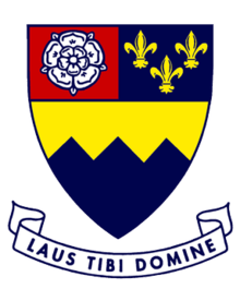 Coat of arms: red and blue with a white rose and three gold fleur-de-lis. Yellow zigzag over dark blue.