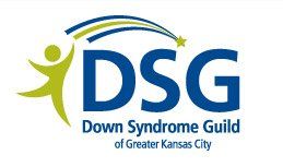 Logo for Down Syndrome Guild of Greater Kansas City: green figure reaching for a blue arc with yellow and green streaks, blue