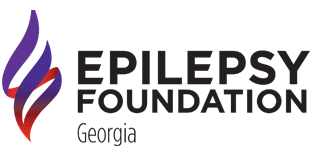 Logo of Epilepsy Foundation Georgia. Abstract flame design with purple, red, and white. Black text on white.