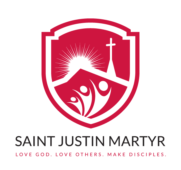 Red shield logo with sun, cross, and figures;