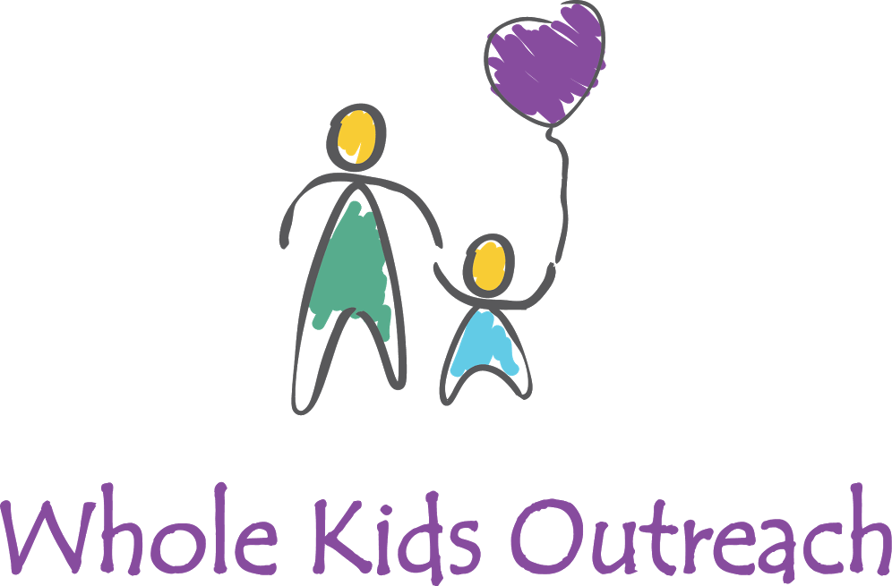 Stick figure of adult holding hands with child, heart-shaped balloon. Text: Whole Kids Outreach.