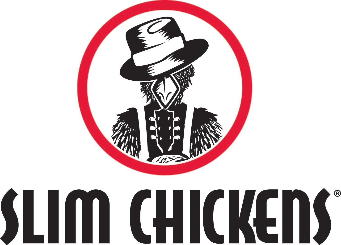 Slim Chickens logo: Chicken in a hat inside a red circle, black text below.