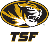 Missouri Tigers logo: Gold tiger head in black oval,