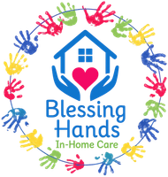 Blessing Hands In-Home Care logo with house, heart, hands, and colorful handprints in a circle