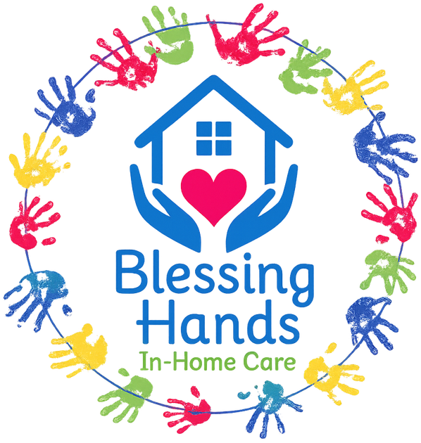 Blessing Hands In-Home Care logo with house, heart, hands, and colorful handprints in a circle