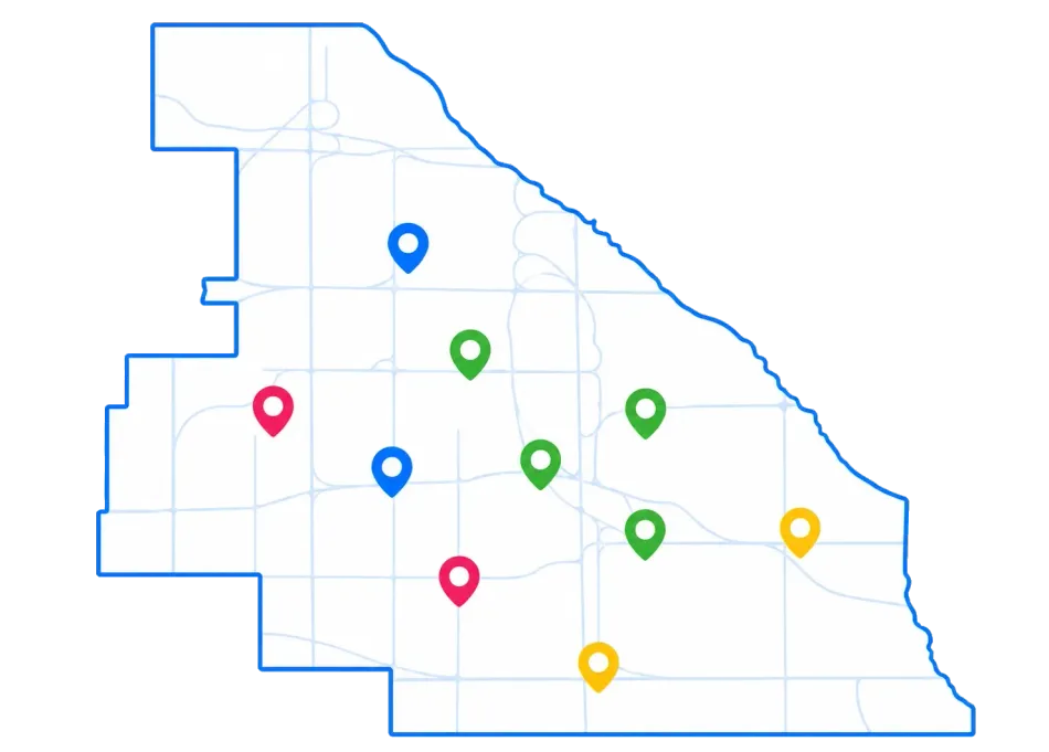 Outline map with colorful location pins marking multiple points across the region