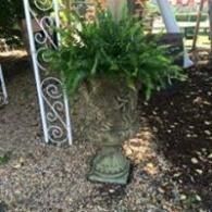 Garden planter beside a metal trellis, with a small stone frog on gravel.