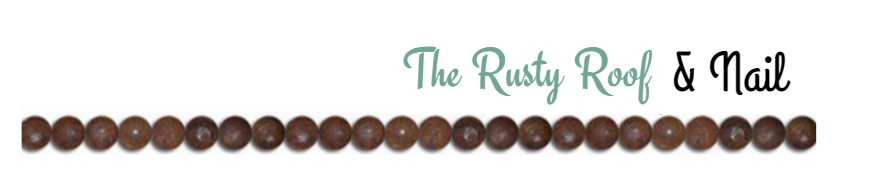 Logo reading “The Rusty Roof & Nail” in teal script above a row of brown round icons.